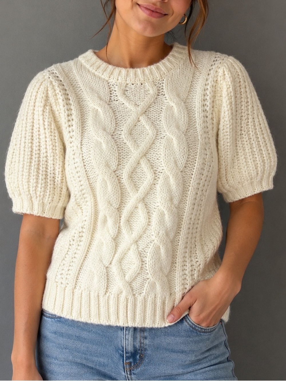 Cream Cable Knit Short Sleeve Sweater Top